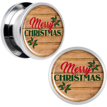 Load image into Gallery viewer, Rustic Wood Merry Christmas Screw Fit Plug Set Sizes 6mm to 20mm