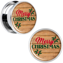 Load image into Gallery viewer, Rustic Wood Merry Christmas Screw Fit Plug Set Sizes 6mm to 20mm
