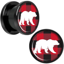 Load image into Gallery viewer, Red Black Plaid Polar Bear Black Screw Fit Plug Set Sizes 5mm to 20mm