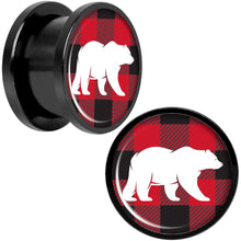 Load image into Gallery viewer, Red Black Plaid Polar Bear Black Screw Fit Plug Set Sizes 5mm to 20mm