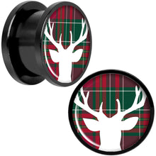 Load image into Gallery viewer, Red Green Plaid Reindeer Black Screw Fit Plug Set Sizes 5mm to 20mm