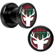 Load image into Gallery viewer, Red Green Plaid Reindeer Black Screw Fit Plug Set Sizes 5mm to 20mm