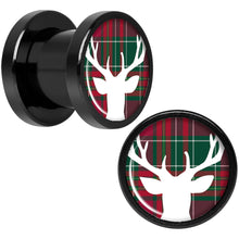 Load image into Gallery viewer, Red Green Plaid Reindeer Black Screw Fit Plug Set Sizes 5mm to 20mm