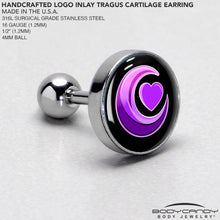 Load image into Gallery viewer, 16G 1/4 Crescent Moon Heart Tragus Cartilage Earring by Onyx O