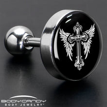 Load image into Gallery viewer, 16G 1/4 Black White Winged Cross Tragus Cartilage Earring by Onyx O