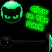 Load image into Gallery viewer, Glow in the Dark Black Anodized Peeking Black Cat Barbell Tongue Ring by Onyx O