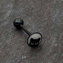 Load image into Gallery viewer, Glow in the Dark Black Anodized Peeking Black Cat Barbell Tongue Ring by Onyx O