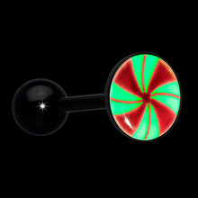 Load image into Gallery viewer, Glow in the Dark Black Anodized Holiday Peppermint Candy Barbell Tongue Ring by Onyx O