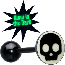 Load image into Gallery viewer, Glow in the Dark Black Anodized Simple Skull Barbell Tongue Ring by Onyx O