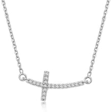 Load image into Gallery viewer, 14k White Gold Curved Cross Diamond Studded Necklace (.11cttw)