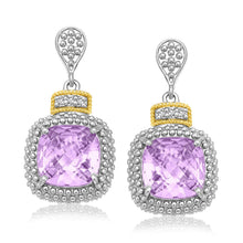 Load image into Gallery viewer, 18k Yellow Gold & Sterling Silver Cushion Amethyst & Diamond Earrings (.05cttw)