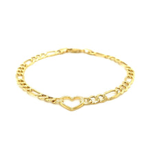 Load image into Gallery viewer, 14k Yellow Gold 7 inch Figaro Chain Bracelet with Heart