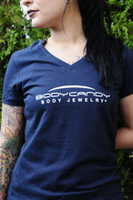 Load image into Gallery viewer, Body Candy Logo Tapered Blue V-Neck Tee Shirt 100% Cotton