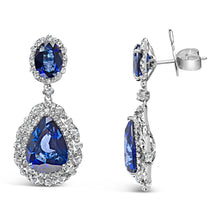 将图片加载到图库查看器,18K White Gold Blue Sapphire 2 3/4 Cttw Diamond Halo Drop Dangle Earring (G-H Color, SI1-SI2 Clarity)