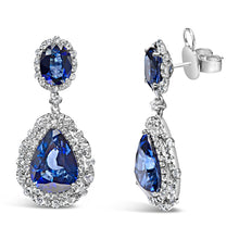 将图片加载到图库查看器,18K White Gold Blue Sapphire 2 3/4 Cttw Diamond Halo Drop Dangle Earring (G-H Color, SI1-SI2 Clarity)