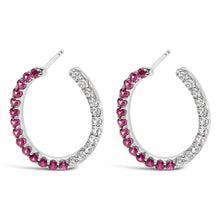 Load image into Gallery viewer, Sterling Silver Lab Created Ruby and White Sapphire Hoop Earrings