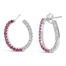 Load image into Gallery viewer, Sterling Silver Lab Created Ruby and White Sapphire Hoop Earrings