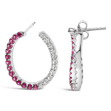 Load image into Gallery viewer, Sterling Silver Lab Created Ruby and White Sapphire Hoop Earrings