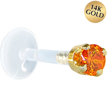Load image into Gallery viewer, 16G 5/16 Solid 14K Yellow Gold 3mm Orange Cubic Zirconia Bioplast Tragus Earring Stud