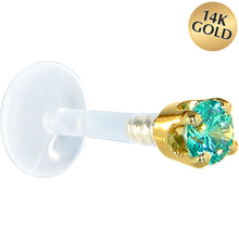 Load image into Gallery viewer, 16G 5/16 Solid 14K Yellow Gold 3mm Mint Green Cubic Zirconia Bioplast Tragus Earring Stud