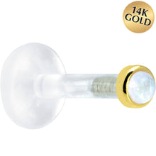 Load image into Gallery viewer, Solid 14K Yellow Gold 2mm Genuine Rainbow Moonstone Bioplast Push in Labret