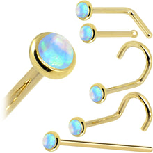 Load image into Gallery viewer, Solid 14K Yellow Gold 2mm Light Blue Synthetic Opal Nose Ring