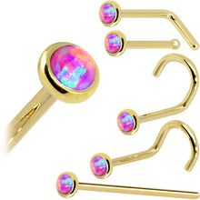 Load image into Gallery viewer, Solid 14K Yellow Gold 2mm Fuchsia Synthetic Opal Nose Ring