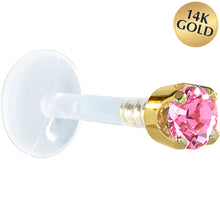 Load image into Gallery viewer, 16G 1/4 Solid 14K Yellow Gold 3mm Pink Cubic Zirconia Bioplast Tragus Earring Stud