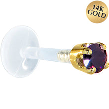 Load image into Gallery viewer, 16G 1/4 Solid 14K Yellow Gold 3mm Amethyst Cubic Zirconia Bioplast Tragus Earring Stud