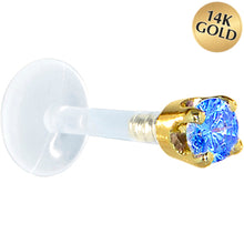 Load image into Gallery viewer, 16G 1/4 Solid 14K Yellow Gold 3mm Arctic Blue Cubic Zirconia Bioplast Tragus Earring Stud