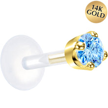 Load image into Gallery viewer, 16G 1/4 Solid 14K Yellow Gold 3mm Plexi Blue Cubic Zirconia Bioplast Tragus Earring Stud