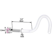 Load image into Gallery viewer, 18G 1/4 White Gold 1.5mm Pink Cubic Zirconia Bioplast Nose Ring