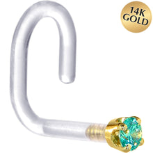 Load image into Gallery viewer, 18G 1/4 Yellow Gold 1.5mm Mint Green Cubic Zirconia Bioplast Nose Ring