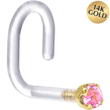 Load image into Gallery viewer, 18G 1/4 Yellow Gold 1.5mm Pink Cubic Zirconia Bioplast Nose Ring