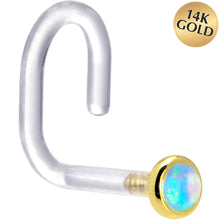 Load image into Gallery viewer, 18G 1/4 Yellow Gold 2mm Light Blue Synthetic Opal Bioplast Nose Ring
