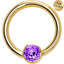 Load image into Gallery viewer, 14G 3/8 Solid 14K Gold Purple CZ Gem BCR Captive Ring