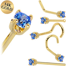 Load image into Gallery viewer, Solid 14K Yellow Gold 2mm Arctic Blue Cubic Zirconia Nose Ring