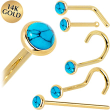 Load image into Gallery viewer, Solid 14K Yellow Gold 2mm Turquoise Nose Ring