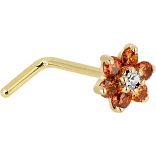 Load image into Gallery viewer, Solid 14K Yellow Gold Orange and Clear Cubic Zirconia Flower Nose Ring