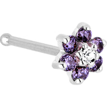 Load image into Gallery viewer, Solid 14K White Gold Amethyst and Clear Cubic Zirconia Flower Nose Ring