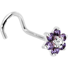 Load image into Gallery viewer, Solid 14K White Gold Amethyst and Clear Cubic Zirconia Flower Nose Ring