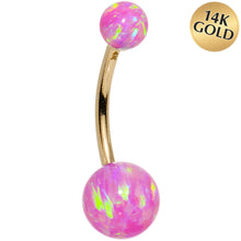 Load image into Gallery viewer, 14k Yellow Gold Fuchsia Synthetic Opal Belly Ring