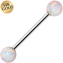 Load image into Gallery viewer, 14k White Gold 5mm White Synthetic Opal Barbell Tongue Ring 14G 5/8