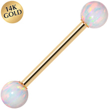 Load image into Gallery viewer, 14k Yellow Gold 5mm White Synthetic Opal Barbell Tongue Ring 14G 5/8