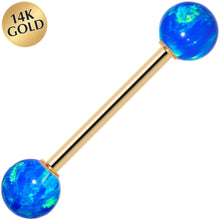 Load image into Gallery viewer, 14k Yellow Gold 6mm Blue Synthetic Opal Barbell Tongue Ring 14G 5/8