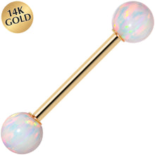 Load image into Gallery viewer, 14k Yellow Gold 6mm White Synthetic Opal Barbell Tongue Ring 14G 5/8