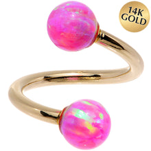 Load image into Gallery viewer, 14k Yellow Gold Fuchsia Synthetic Opal Spiral Twister 14G 7/16