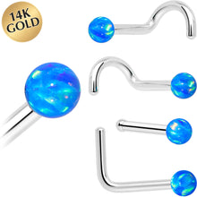 Load image into Gallery viewer, 14k White Gold 2.5mm Blue Synthetic Opal Ball Nose Ring