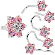 Load image into Gallery viewer, Solid 14K White Gold Pink and Clear Cubic Zirconia Flower Nose Ring
