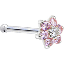 Load image into Gallery viewer, Solid 14K White Gold Pink and Clear Cubic Zirconia Flower Nose Ring